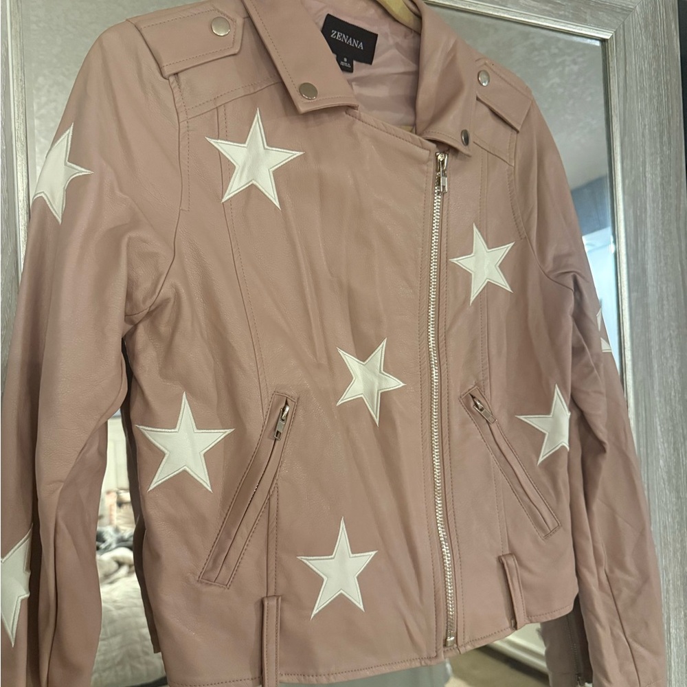 Zenana Outfitters Mauve Leather Jacket with White Stars